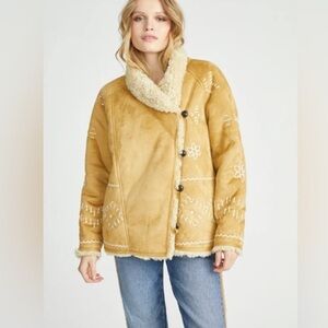 Driftwood Womens Tan Faux Suede Sherpa Lined Embroidered Jacket Size L $298